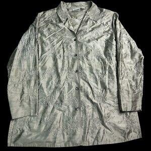 ✨ Chico’s Design Embroidered Silk Jacket Top Taupe Sage Size 2 ✨